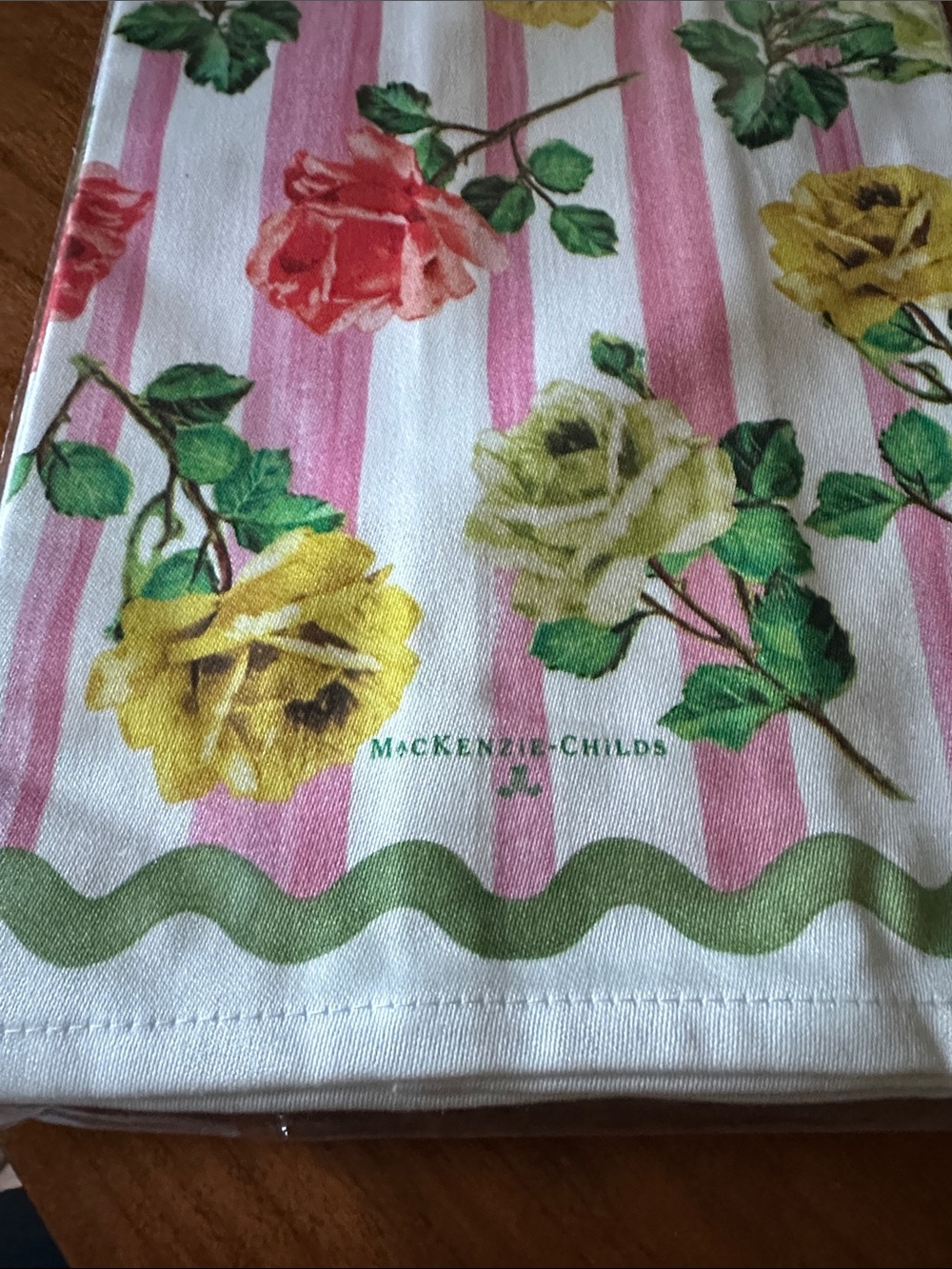 McKenzie-Childs Floral Stripe Dish Towel - Pink & Yellow Roses NWT - Picture 4 of 6